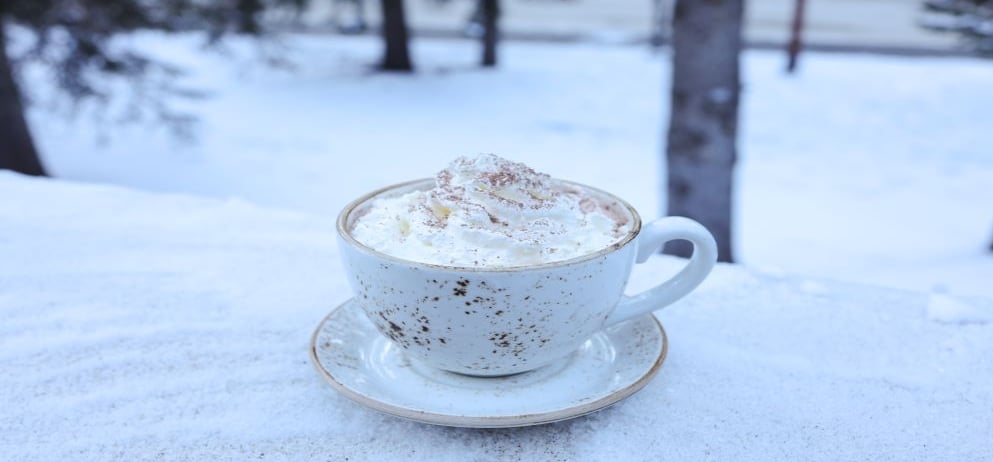 white mug filled with whipped cream topped drink sits on snow covered table outside
