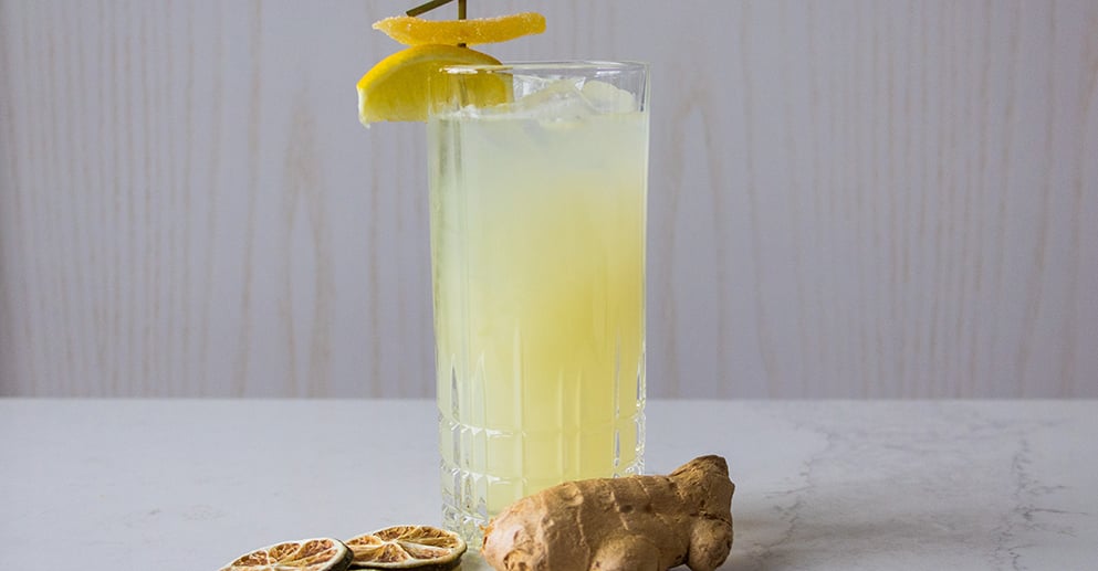 a yellow coloured drink in a tall glass with a lemon garnish