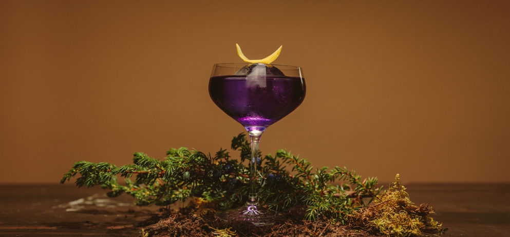 purple cocktail with yellow petal garnish