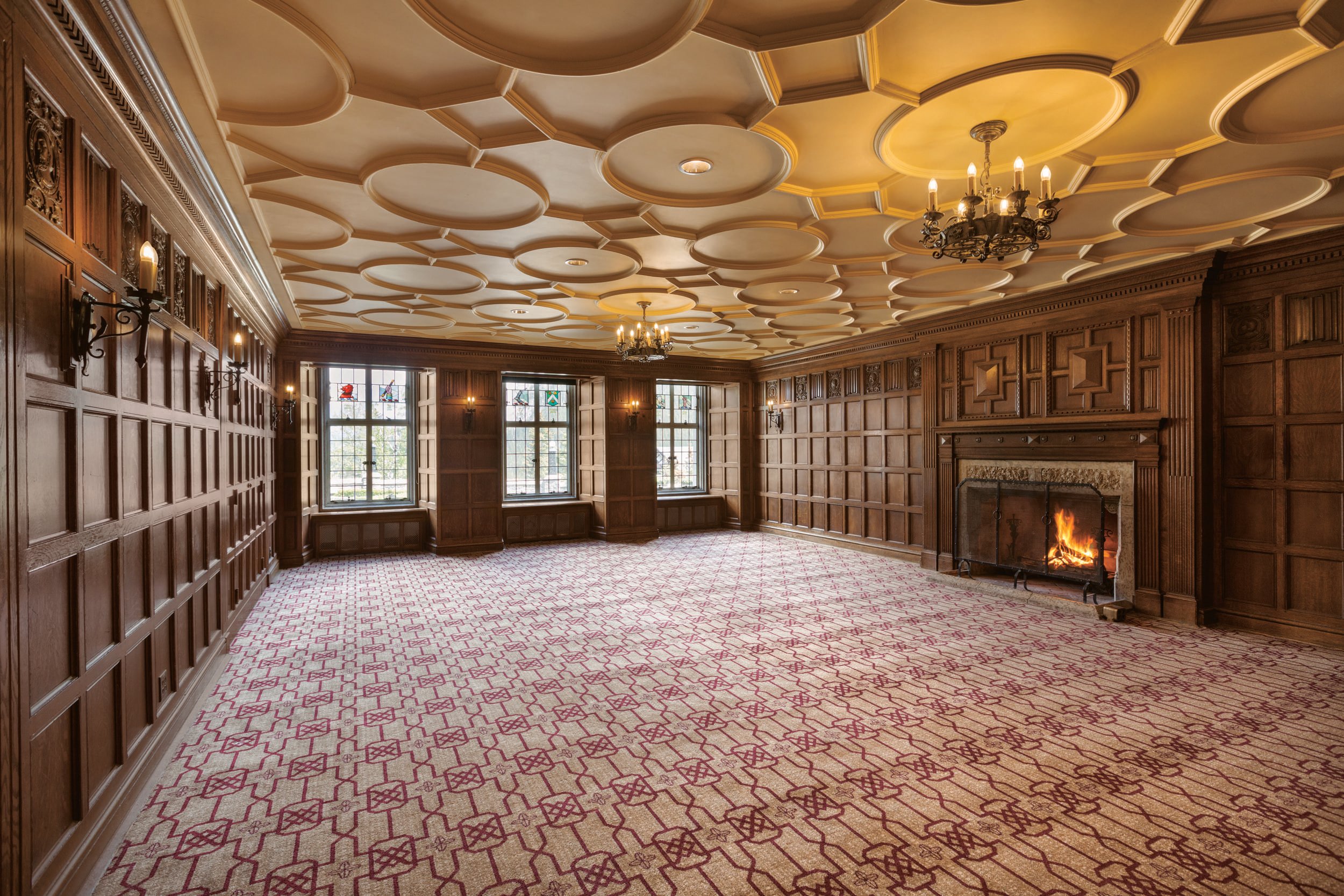 large empty room with fireplace