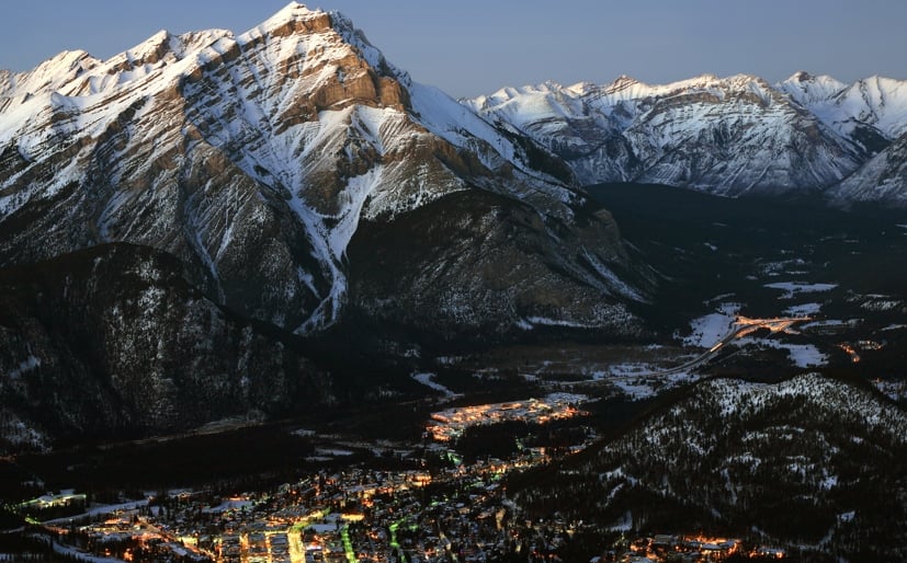 An aerial view of Banff, Alberta from Sulphur Mountain