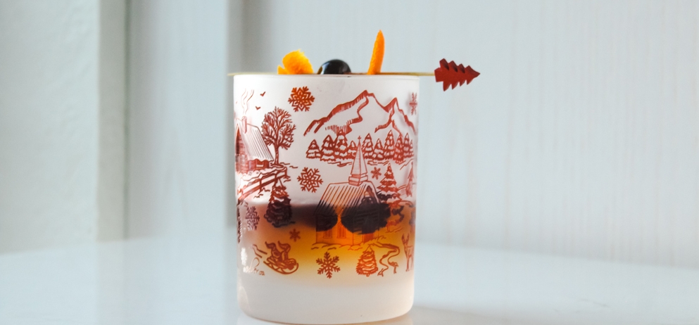 cocktail in a red printed glass
