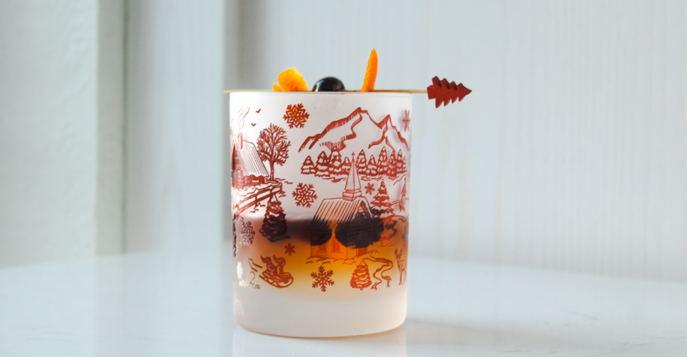cocktail in a red printed glass