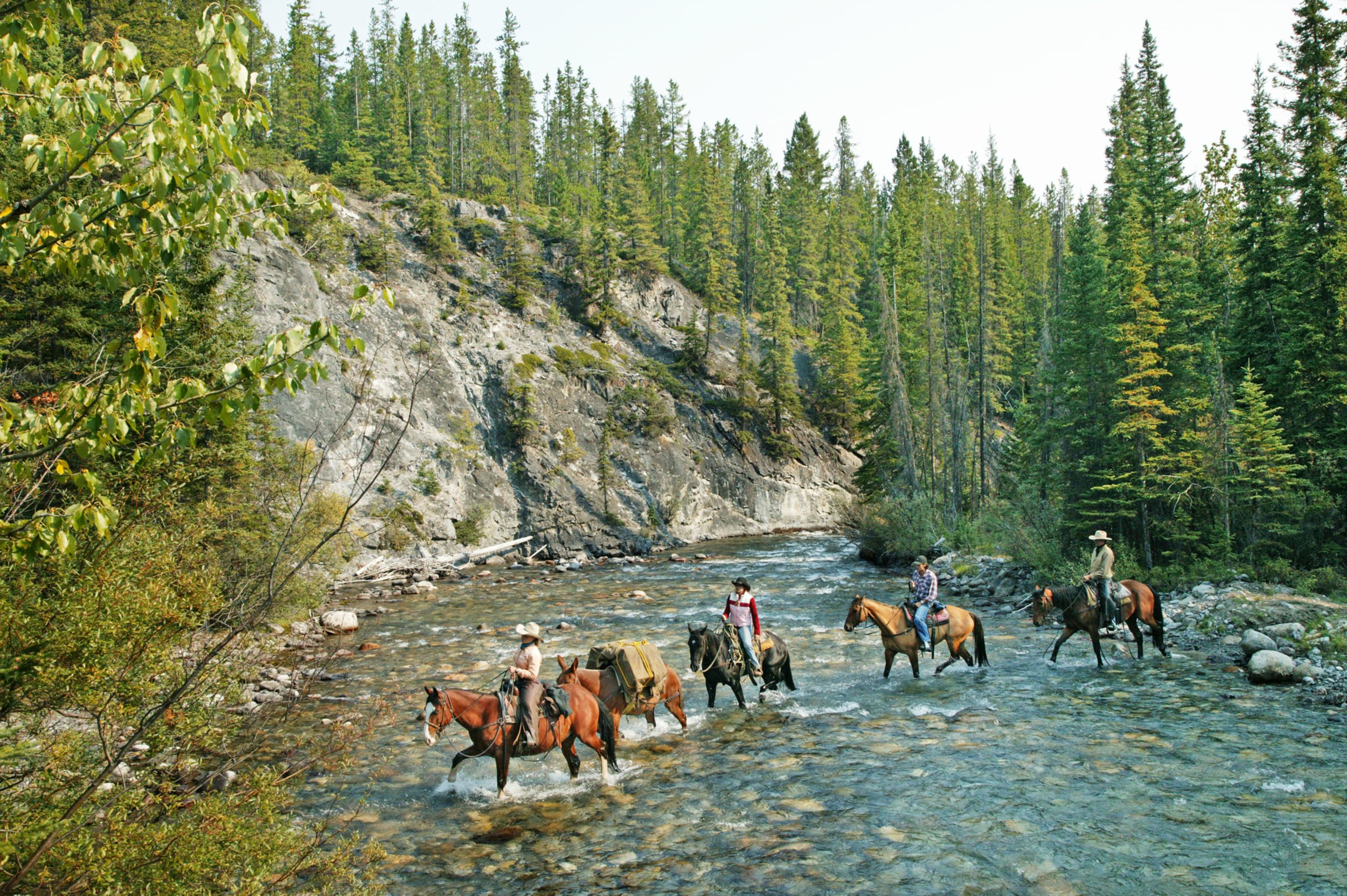 a group of people horse back riding across a river