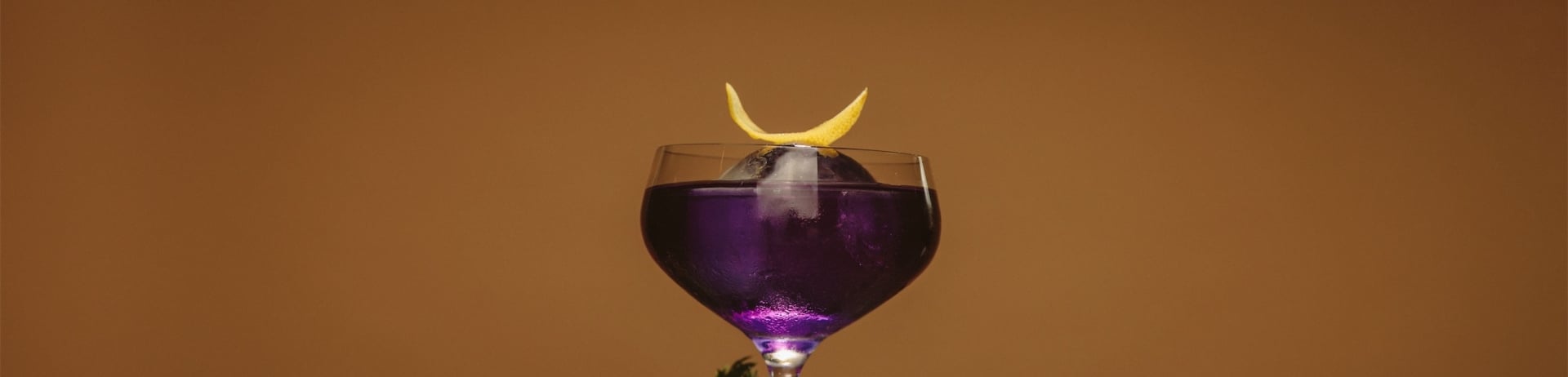 purple cocktail with yellow petal garnish