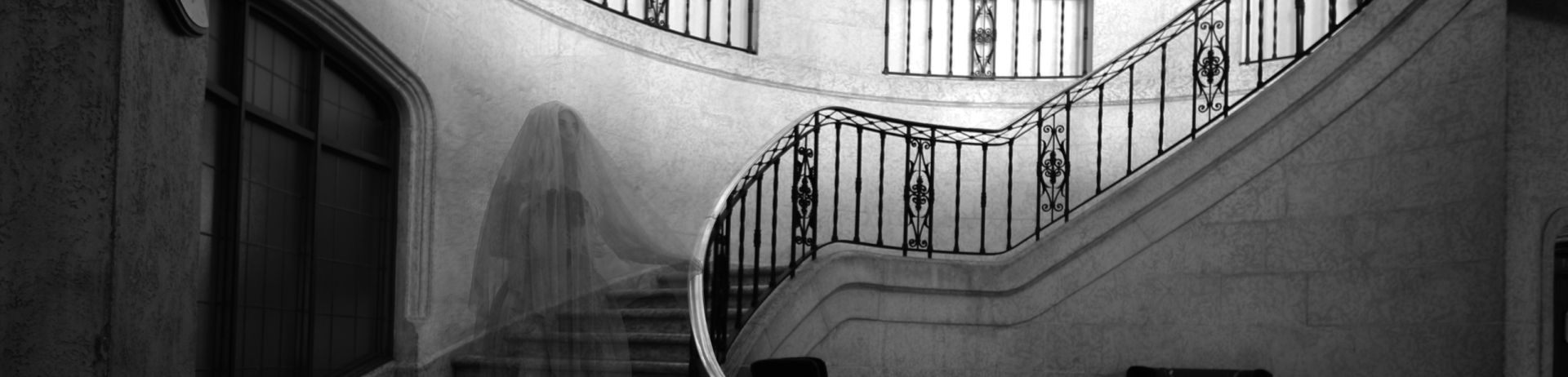 Ghost Bride on the staircase at Fairmont Banff Springs.